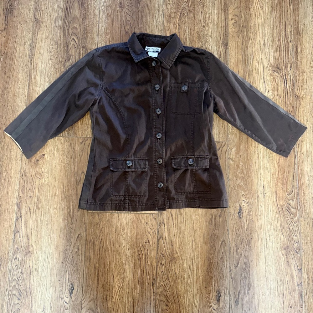 Columbia Brown Cotton Utility Jacket 3/4 Sleeve Button Up Women S Minimalist y2k